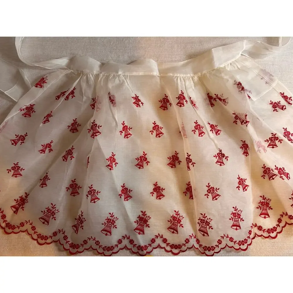 Vintage Christmas 1950s White Red Hostess Half Apron Sheer Housewife ScallopCUTE